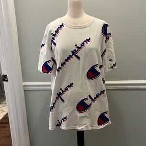 Vintage retro Men’s Champion, traditional, red, white, and blue T-shirt.